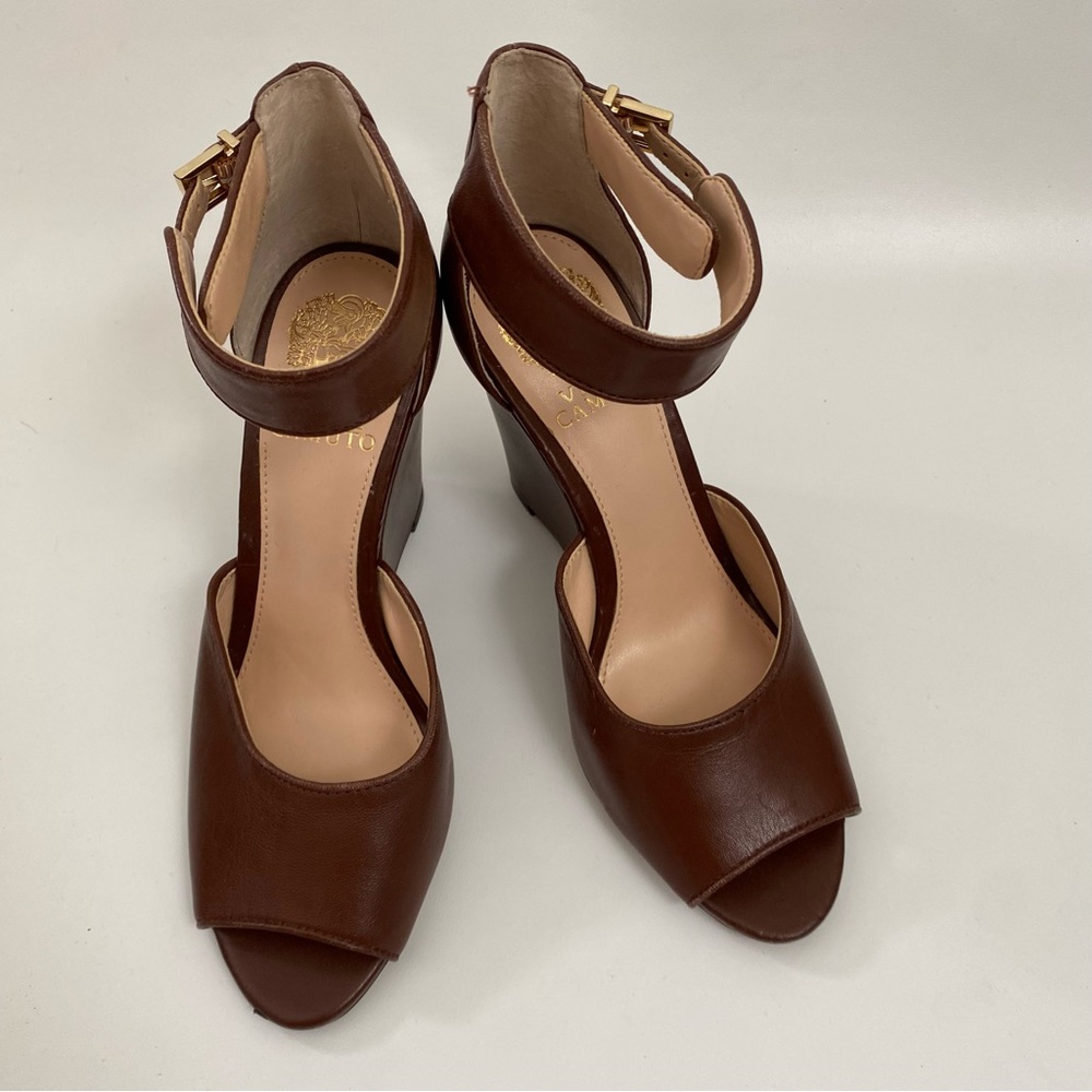 Vince Camuto Peep Toe Wedge Ankle Strap Size 7 Brown Heeled Sandals Women’s - Picture 9 of 14